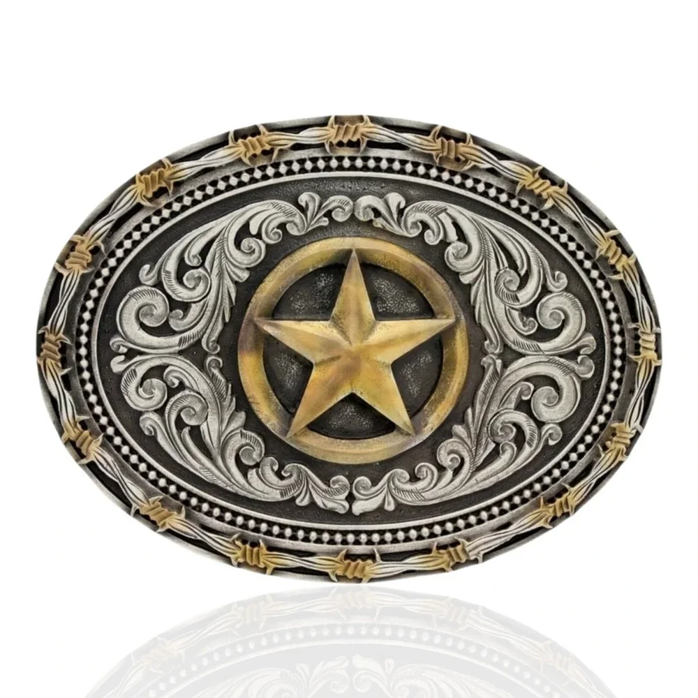 Montana Silversmiths Texas Star Barbed Wire Western Belt Buckle Two-tone New